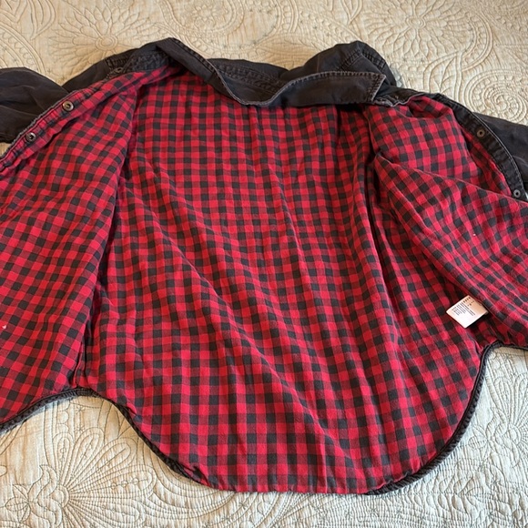 American Eagle Distressed Denim Jacket lined with Plaid Flannel Oversized Fit - Picture 9 of 14